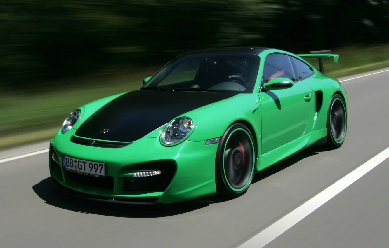 Photo wallpaper green, speed, 911, Porsche, street, Turbo