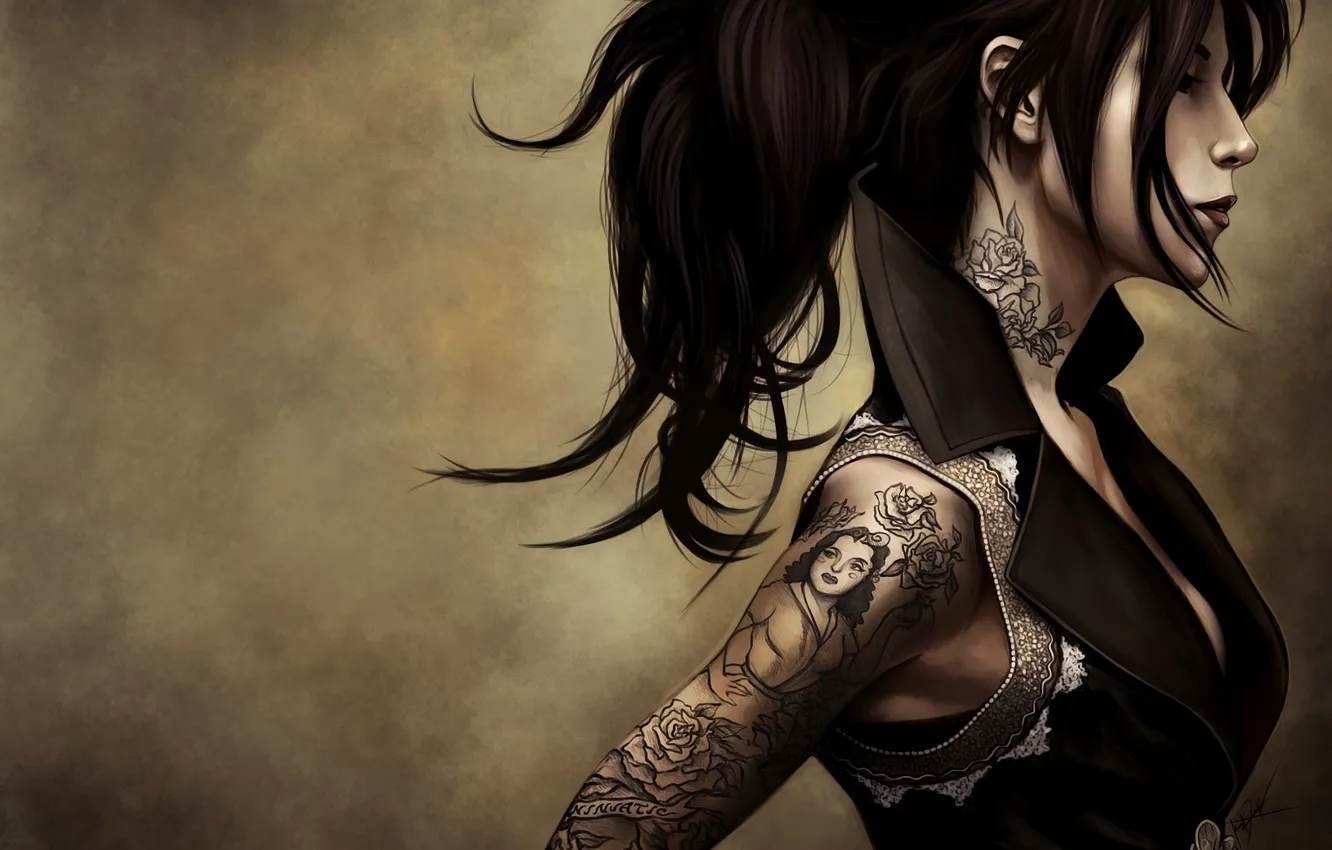 Photo wallpaper figure, brunette, tattoo, tattoo, art