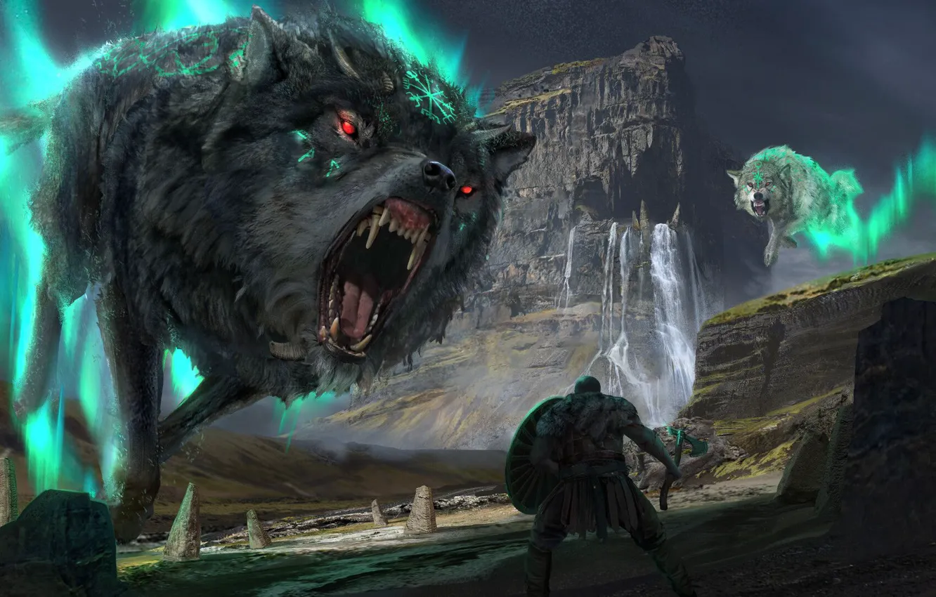 Photo wallpaper Ragnarok, weapon, Kratos, God of War, Fenrir, snow, blow, man