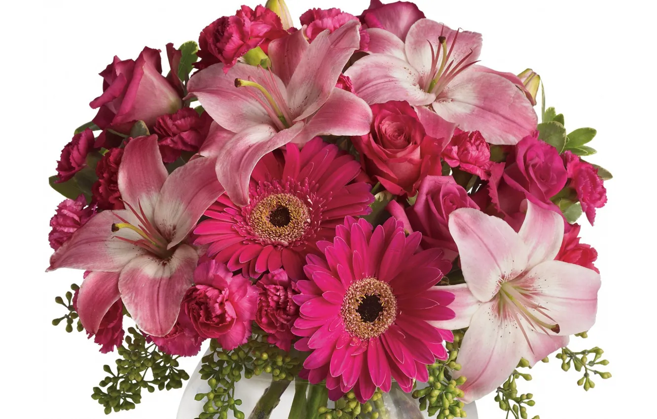 Photo wallpaper Lily, roses, bouquet, pink, gerbera, clove