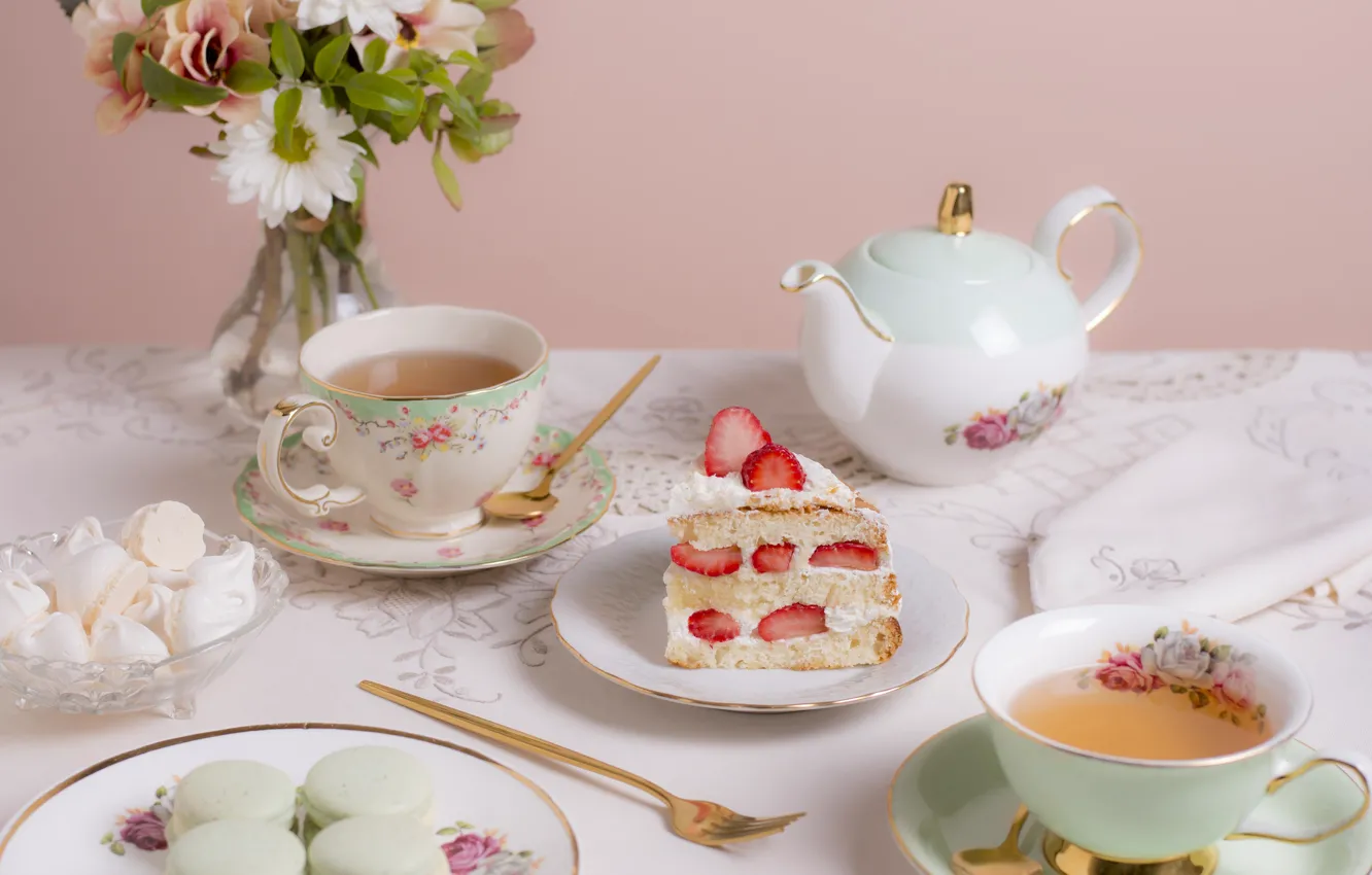 Photo wallpaper tea, kettle, Cup, cake