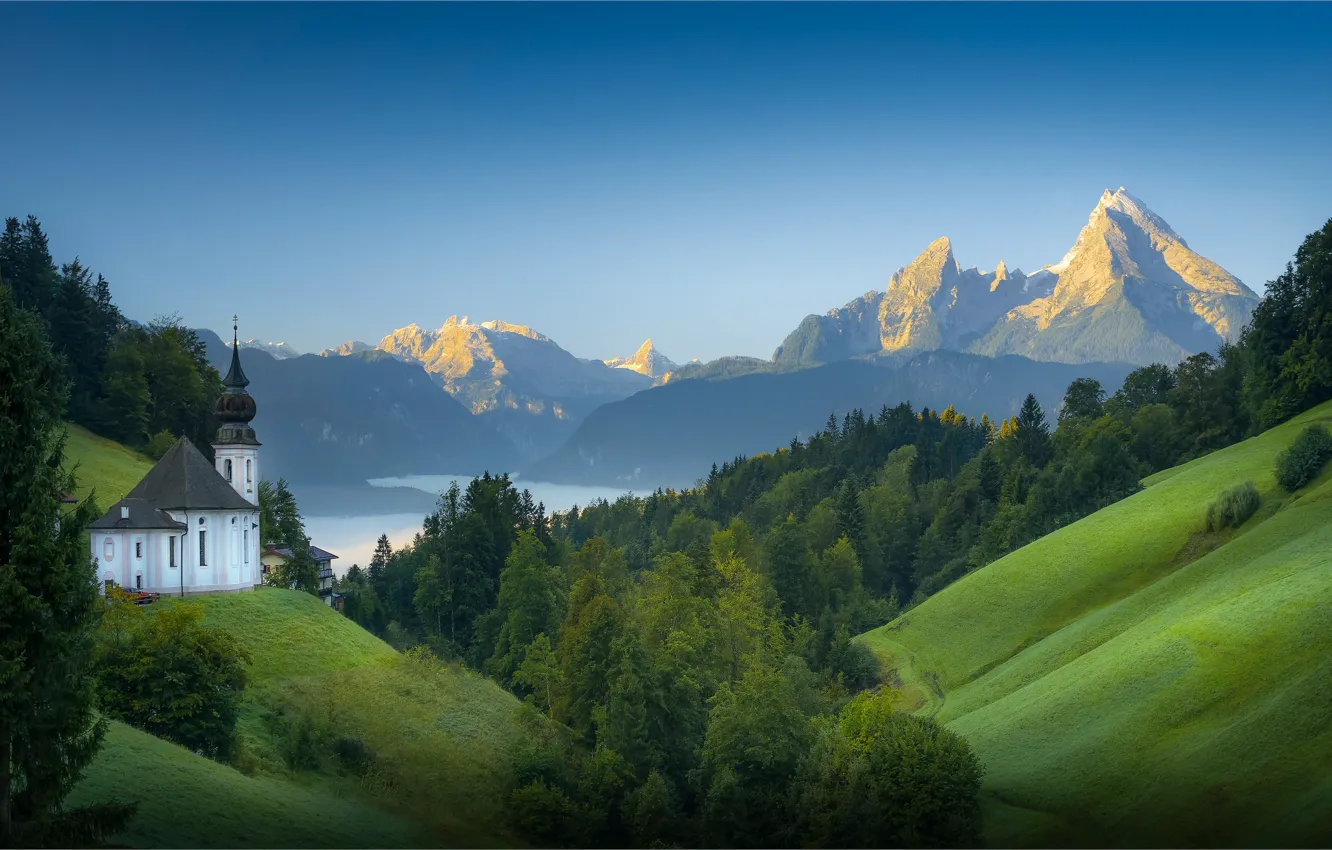 Photo wallpaper forest, mountains, lake, Germany, slope, Bayern, Church, Germany