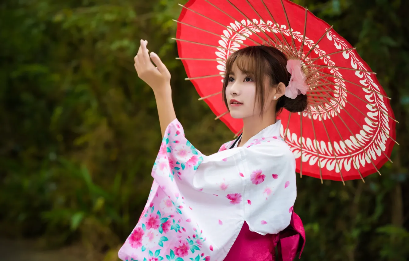 Photo wallpaper girl, umbrella, kimono, Asian