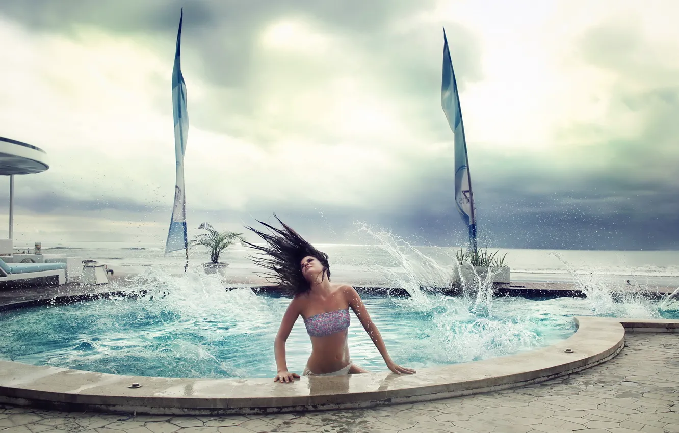 Photo wallpaper wave, girl, the situation, the pool