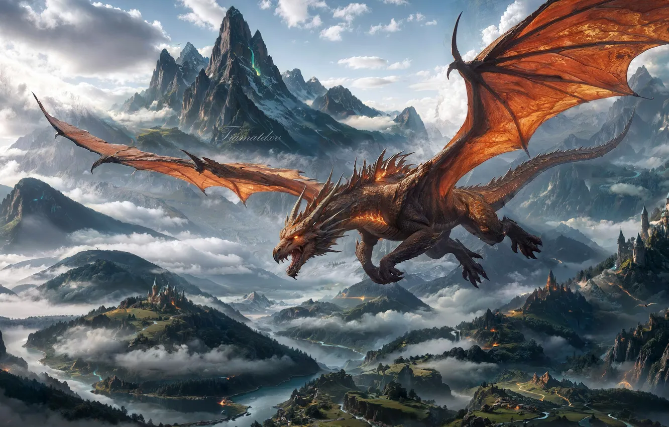 Photo wallpaper flight, mountains, dragon, wings, In the realm of magic and fantasy