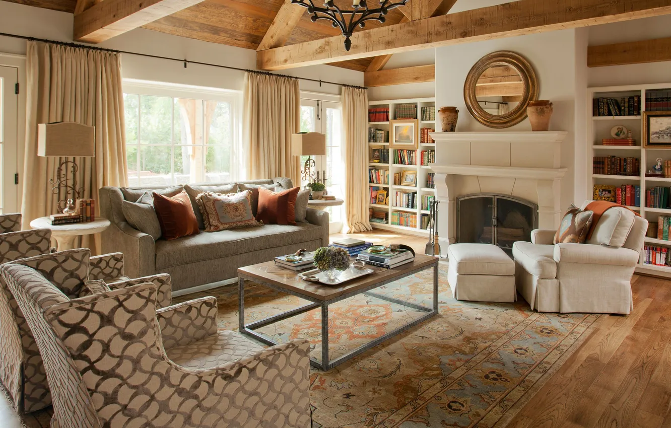 Photo wallpaper design, style, interior, fireplace, library, living room, upholstered furniture, Farmhouse