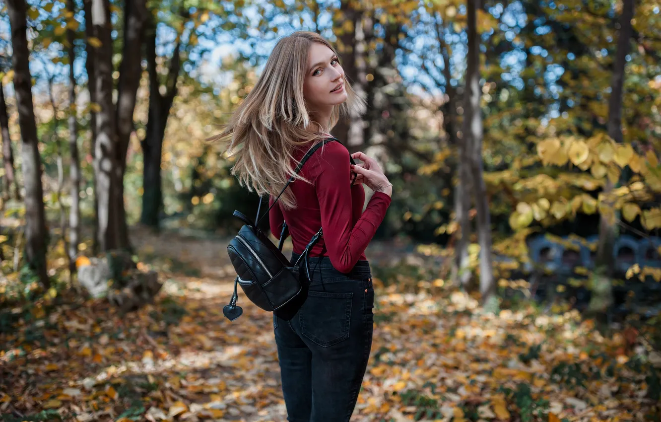 Photo wallpaper girl, forest, beautiful, cute, long-haired, backpack