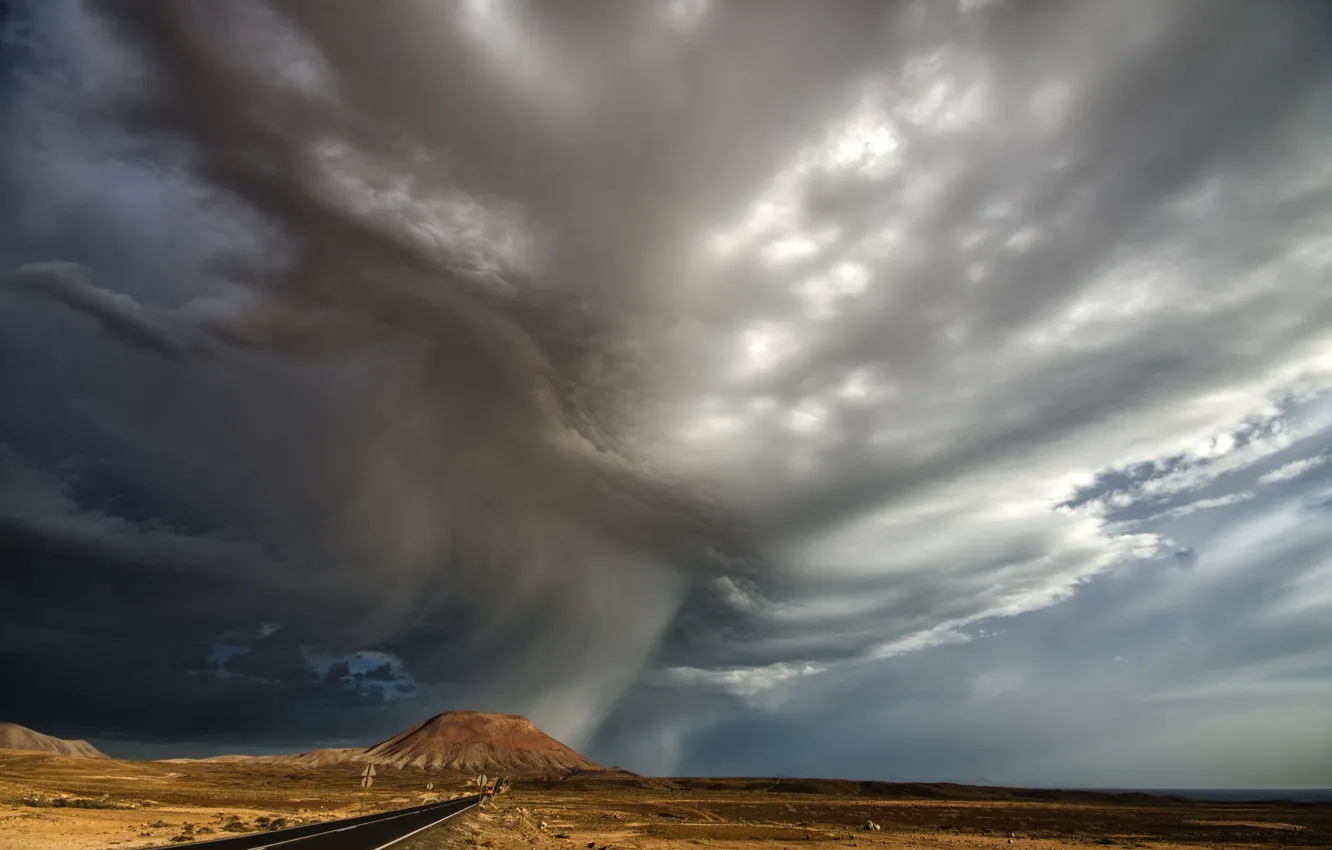Photo wallpaper road, mountains, clouds, nature, rain