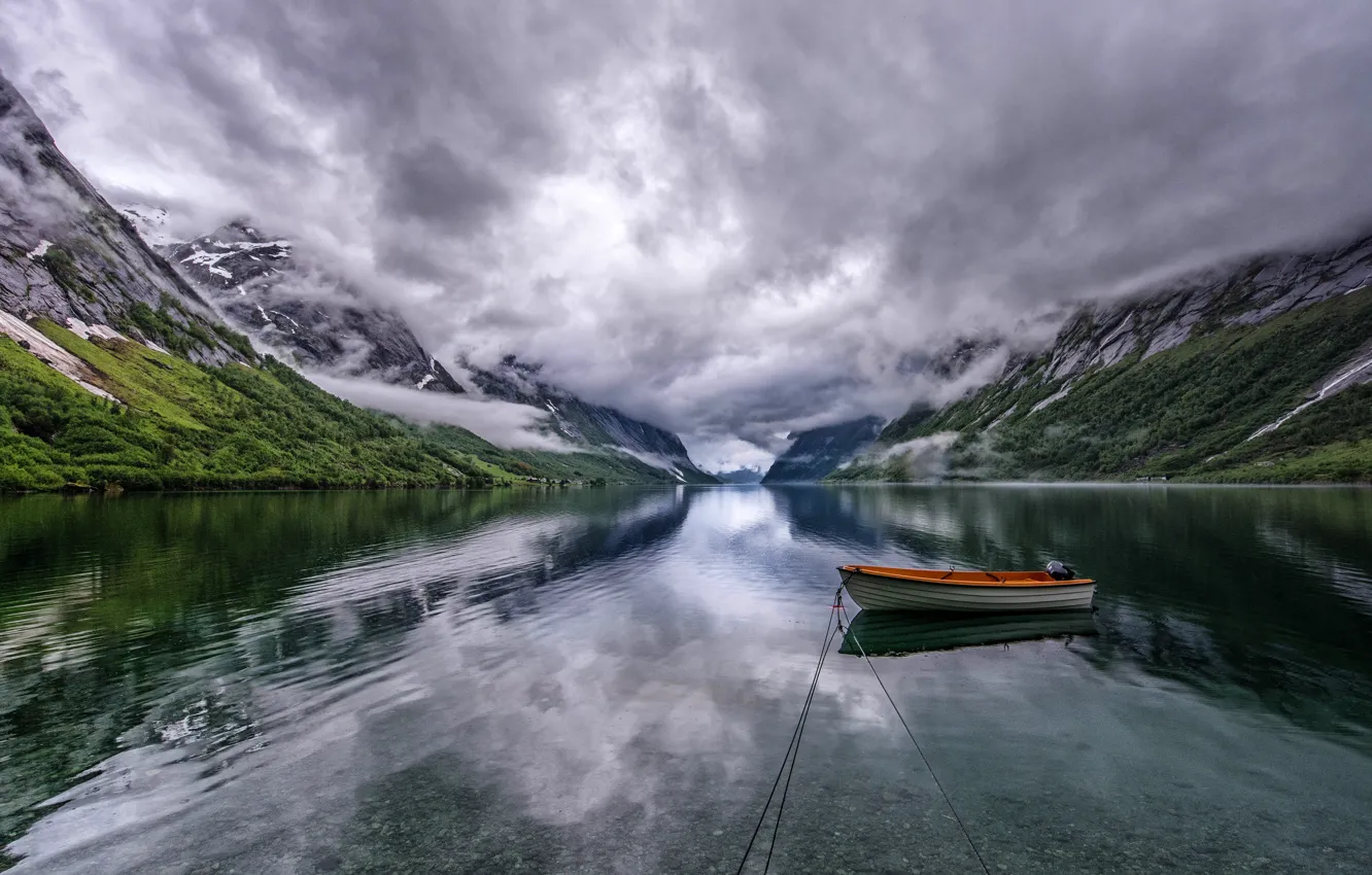 Photo wallpaper clouds, mountains, overcast, boat, pond, Bank, boat
