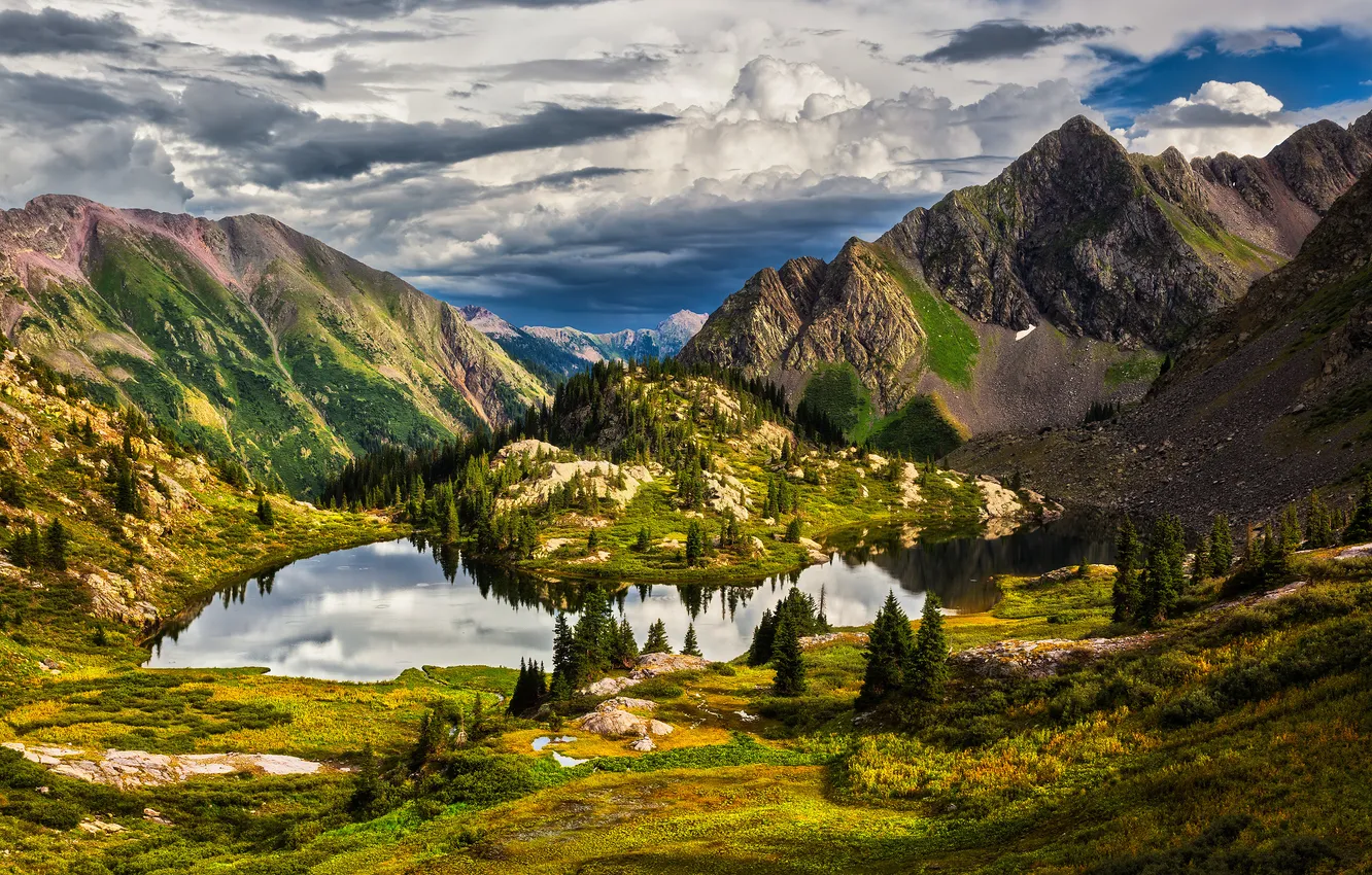 Photo wallpaper clouds, mountains, lake, shore, view, height, ate