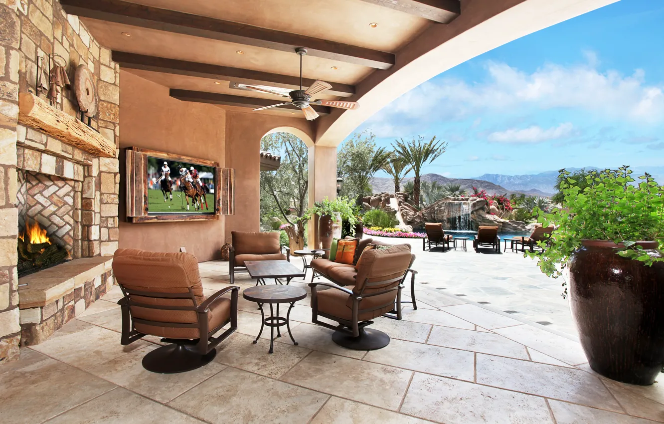 Photo wallpaper palm trees, interior, TV, fireplace, veranda