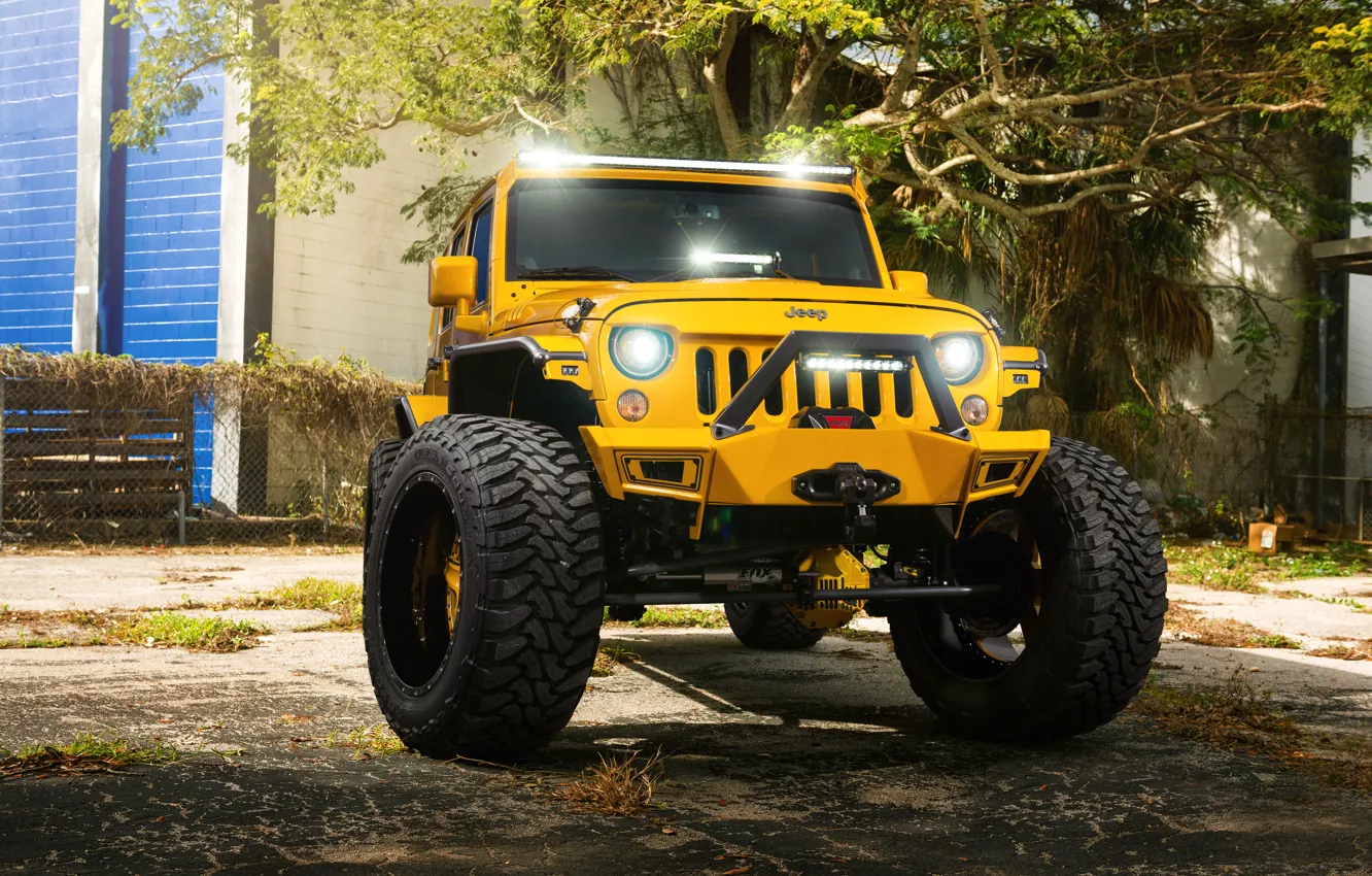 Photo wallpaper Front, Forged, Yellow, Custom, Wrangler, Jeep, Wheels, Track