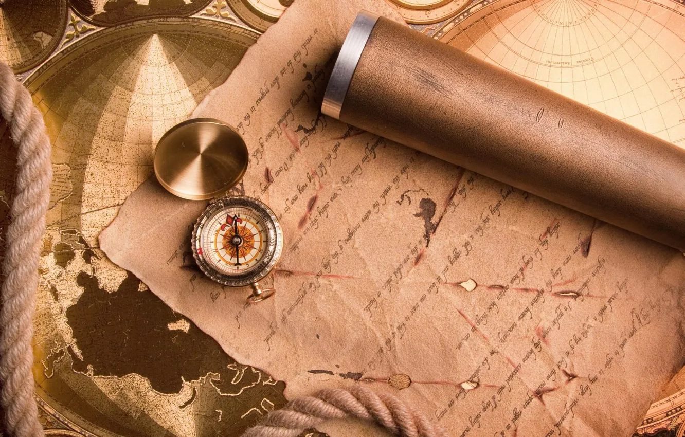 Photo wallpaper map, compass, spyglass