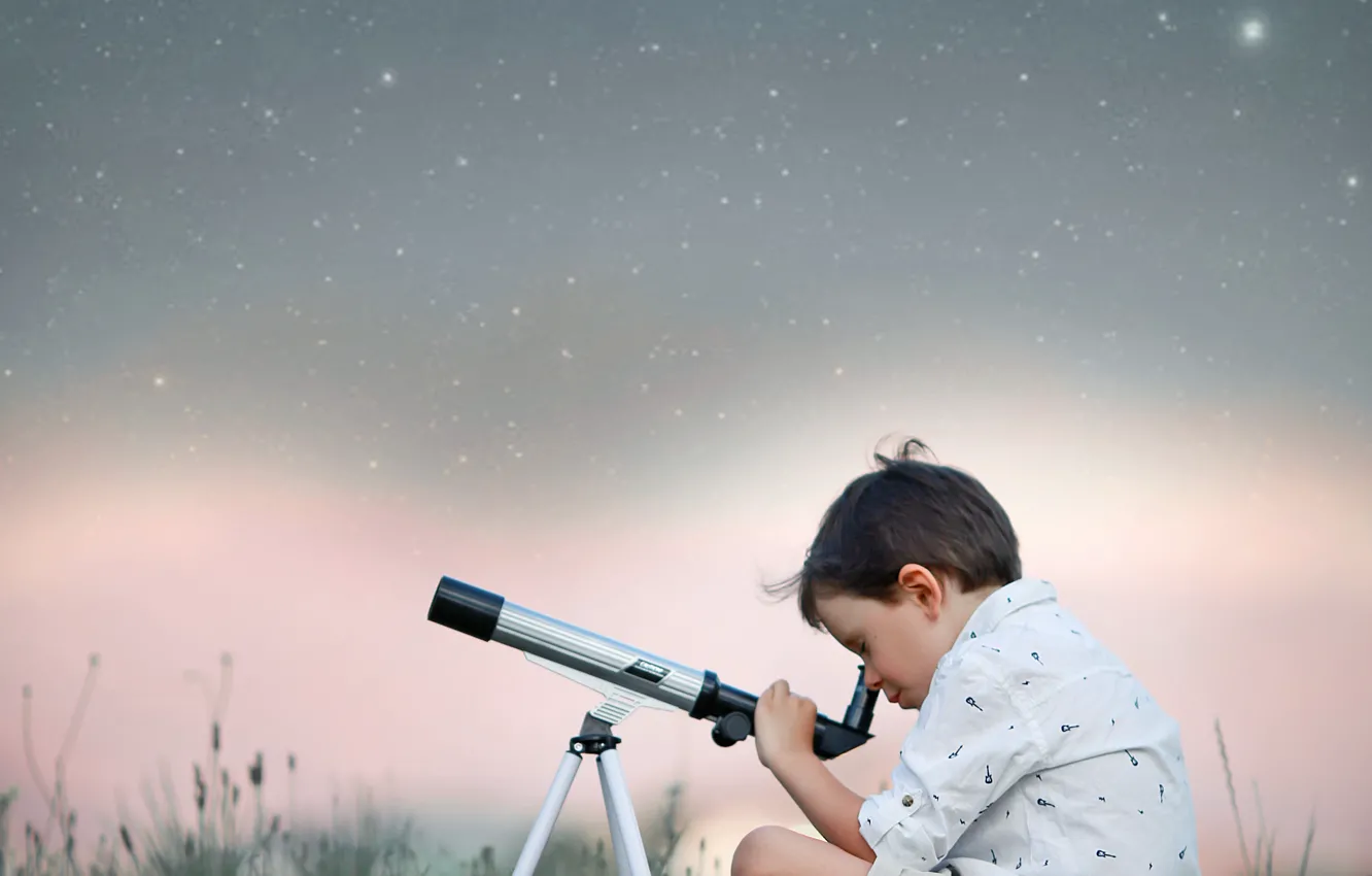 Photo wallpaper the sky, grass, nature, stars, boy, telescope, child, Larisa Korsikova