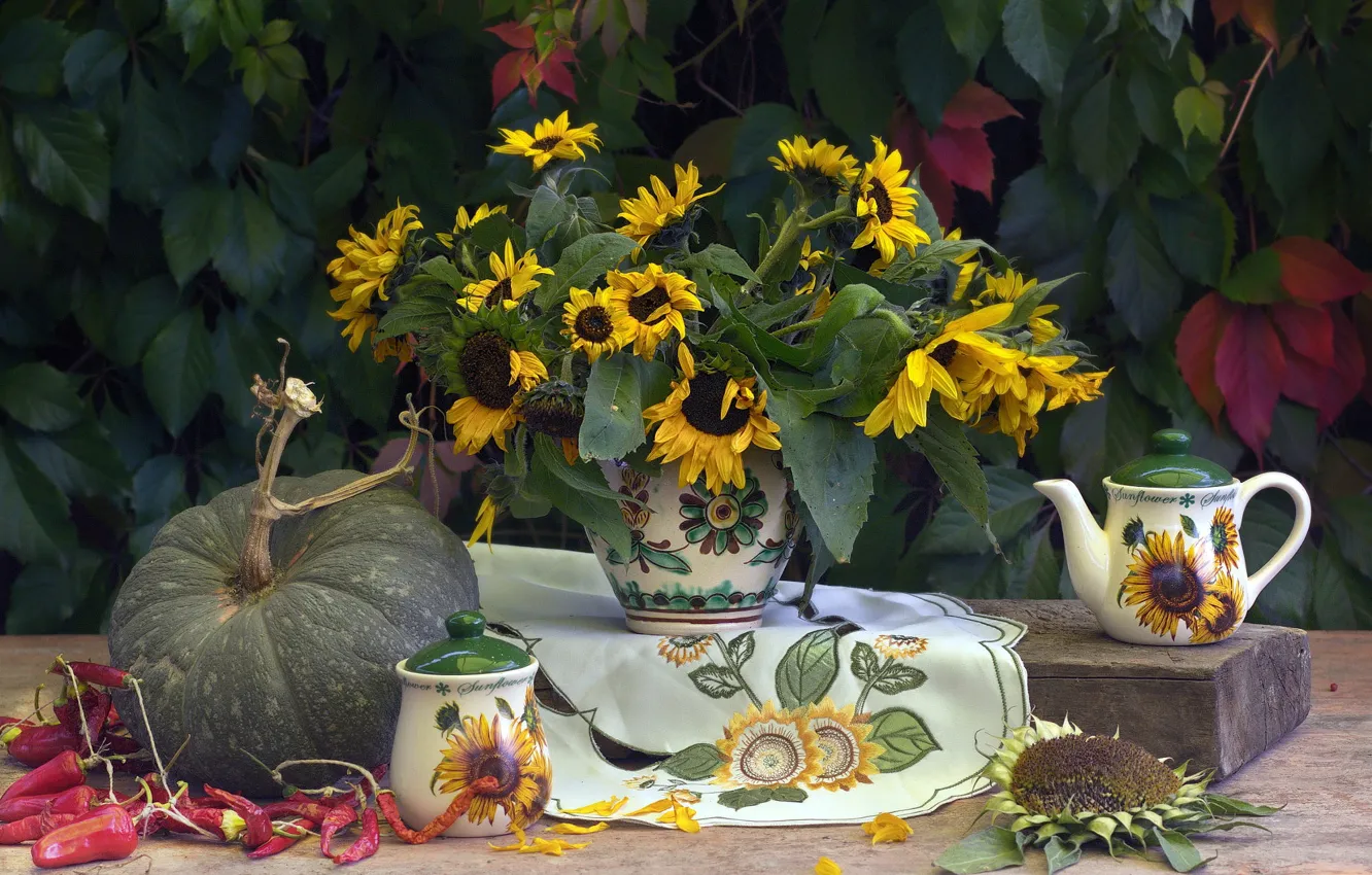 Photo wallpaper autumn, sunflowers, flowers, yellow, red, table, bouquet, garden