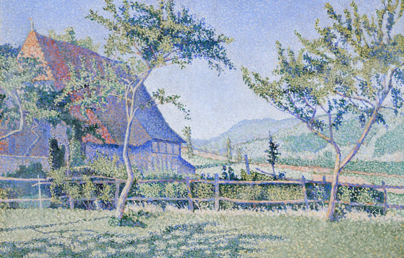 Photo wallpaper landscape, house, picture, Paul Signac, pointillism, Castle Combat. Meadow