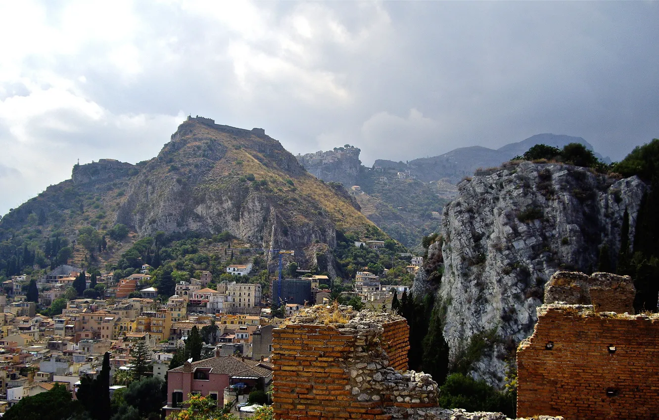 Photo wallpaper mountains, home, Italy, ruins, Sicily, Taormina