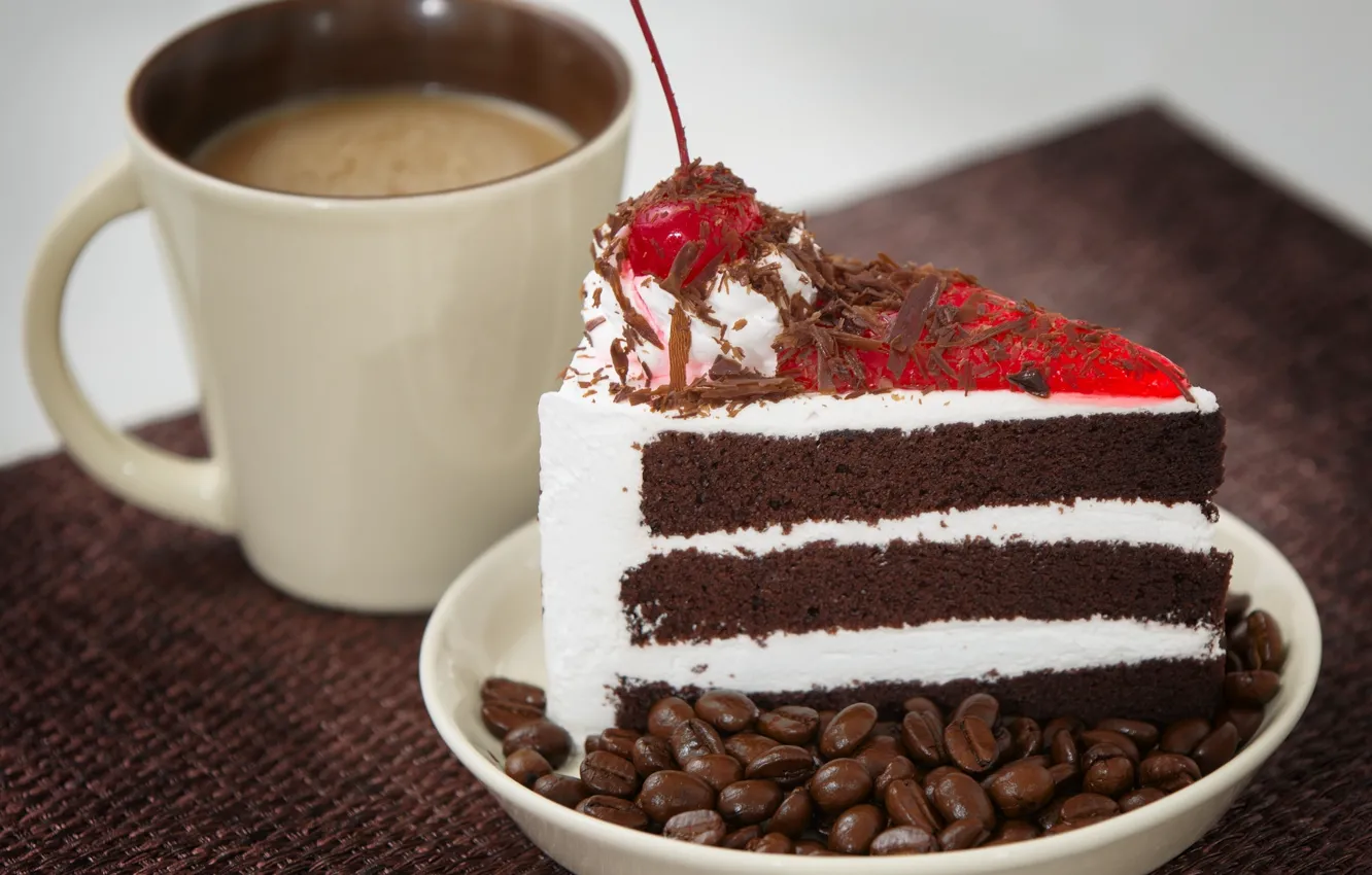 Photo wallpaper coffee, Cup, cake, cherry, cream, piece