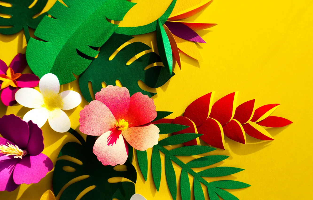 Photo wallpaper leaves, flowers, paper