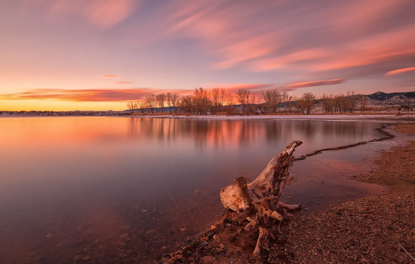 Photo wallpaper autumn, the sky, clouds, trees, sunset, mountains, lake, reflection