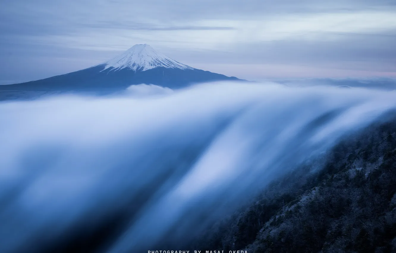 Photo wallpaper fog, mountain, stream, morning, Japan, Fuji, stratovolcano, Mount Fuji