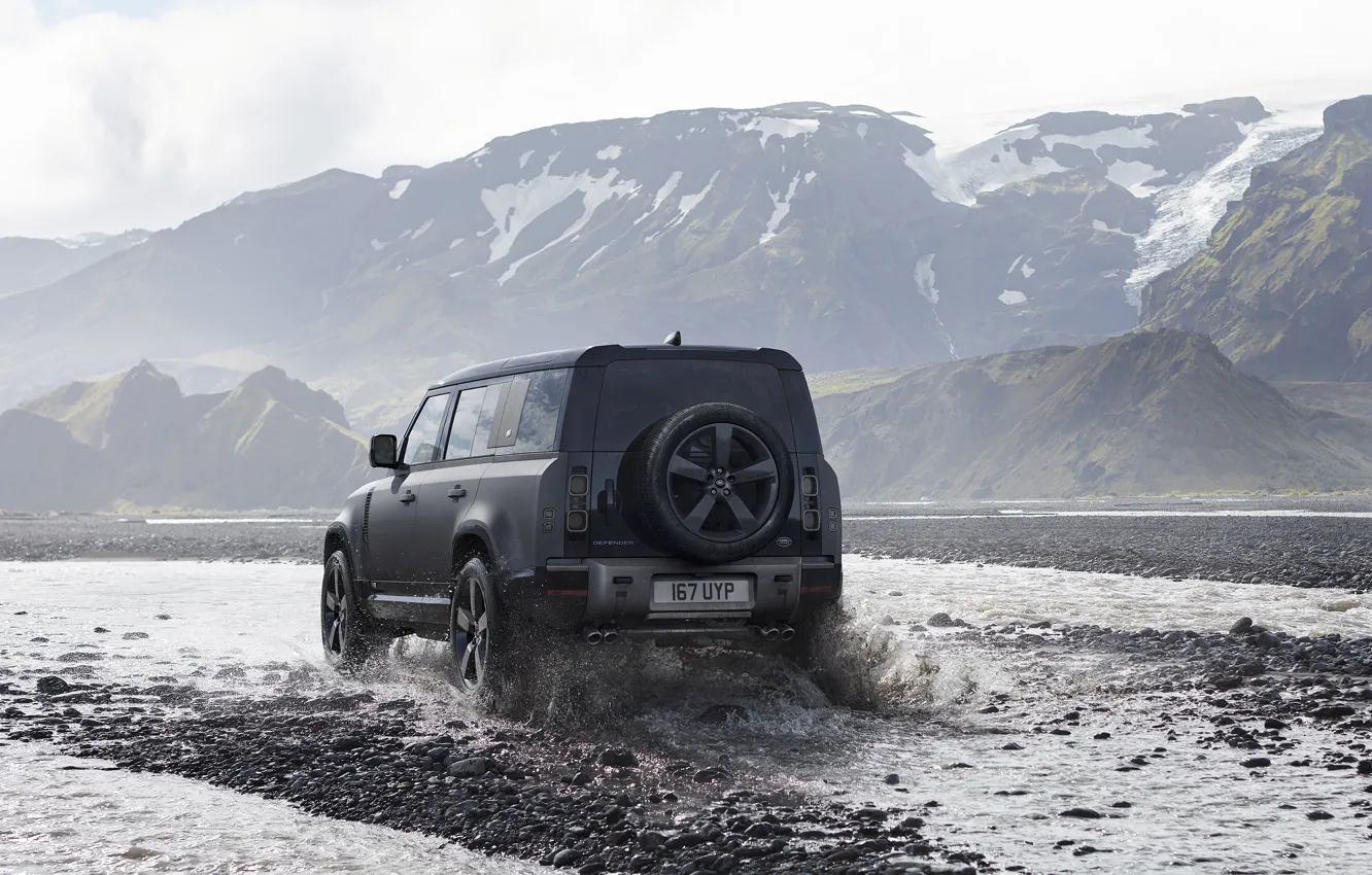 Photo wallpaper water, snow, mountains, squirt, fog, jeep, Land Rover, the roads
