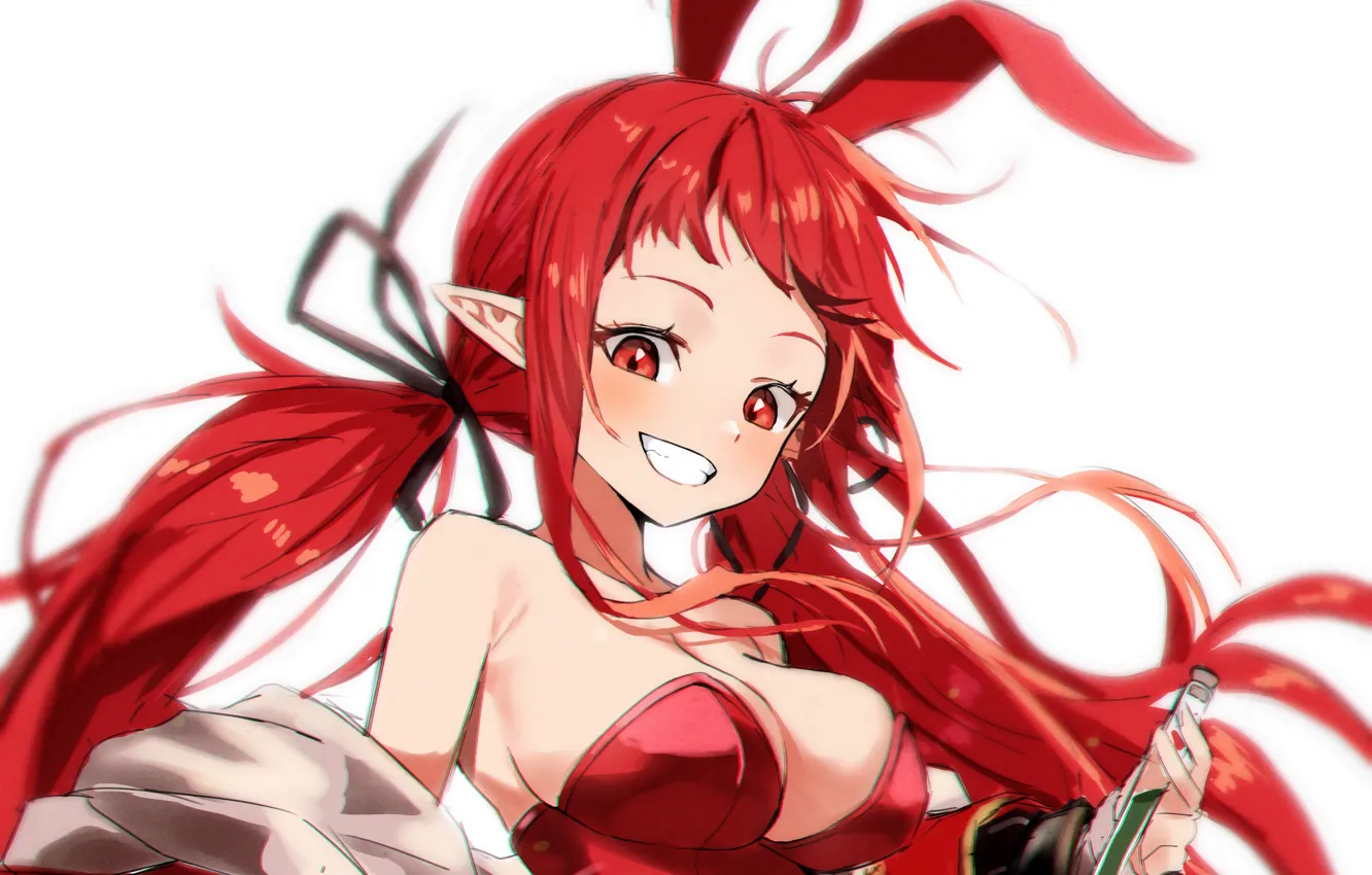 Photo wallpaper girl, sexy, cleavage, long hair, boobs, anime, beautiful, red eyes