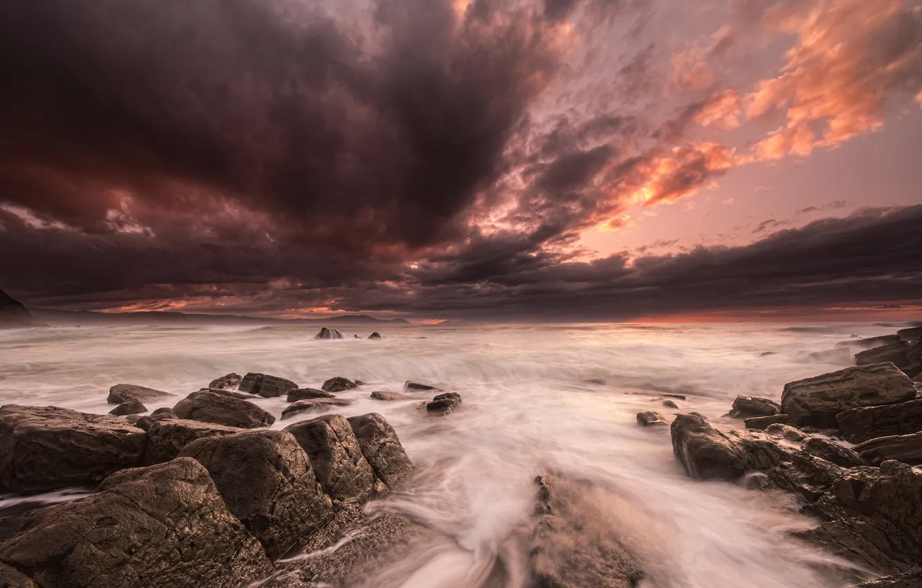 Photo wallpaper clouds, stones, the ocean, dawn, excerpt, Barrika