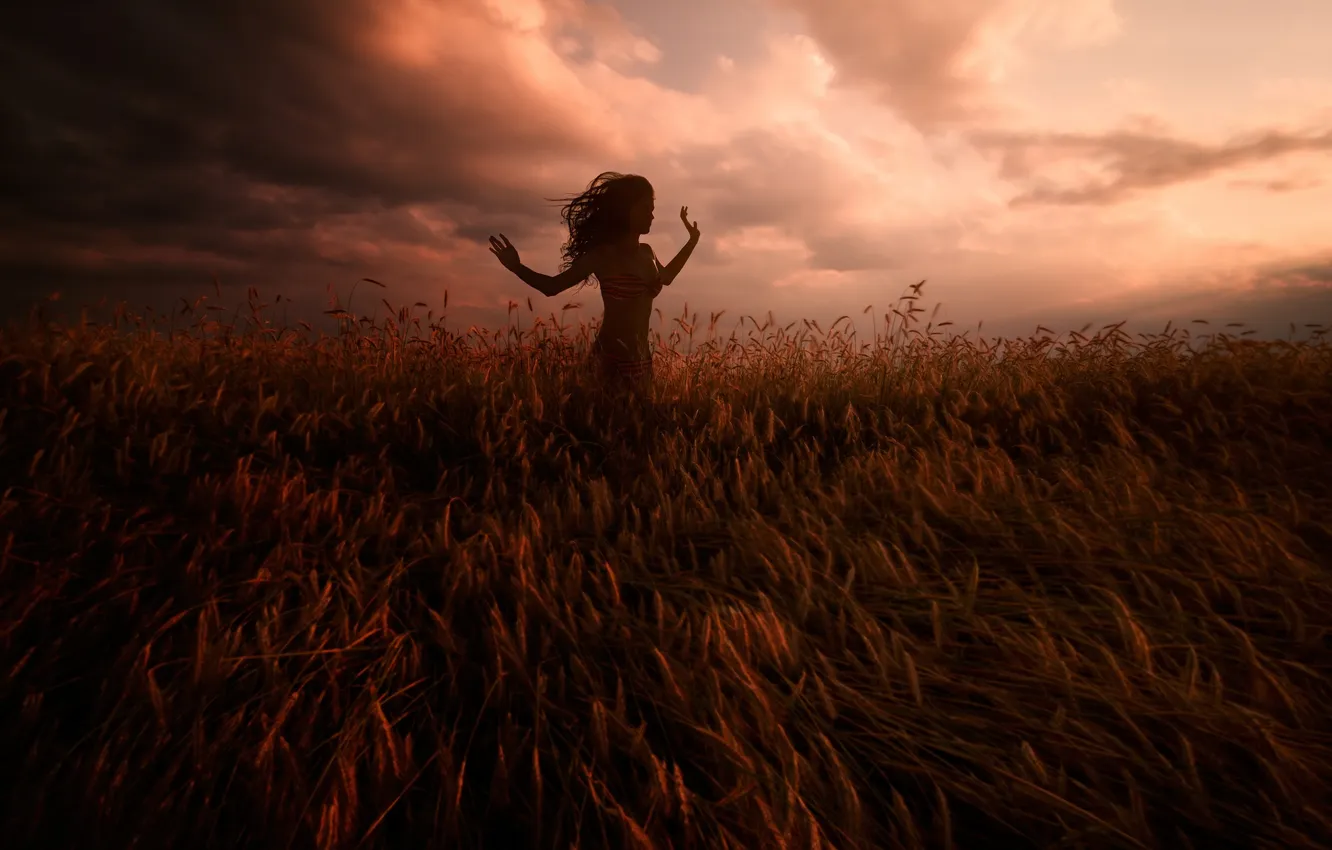 Photo wallpaper field, girl, clouds