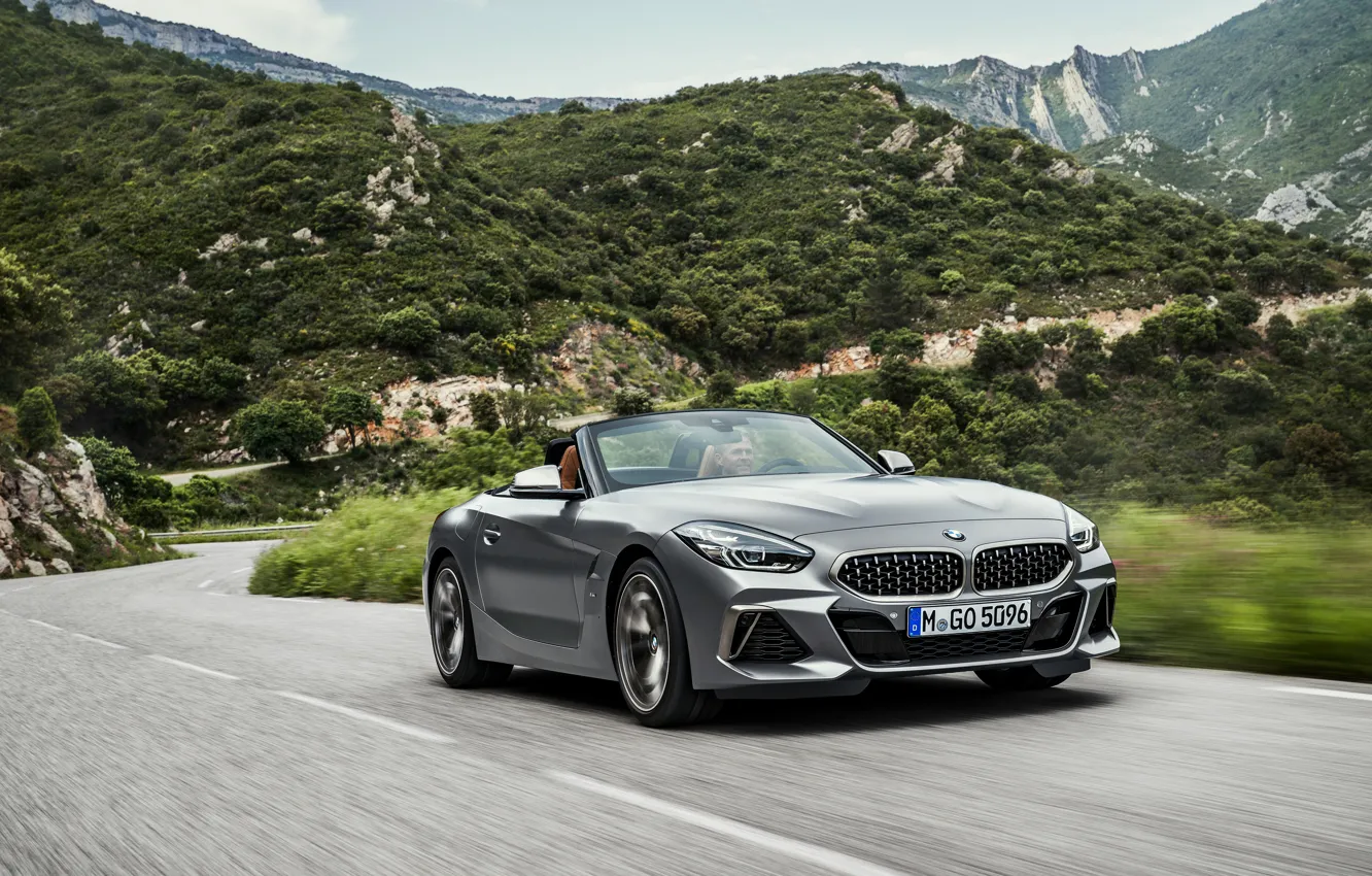 Photo wallpaper road, asphalt, mountains, grey, vegetation, BMW, Roadster, BMW Z4
