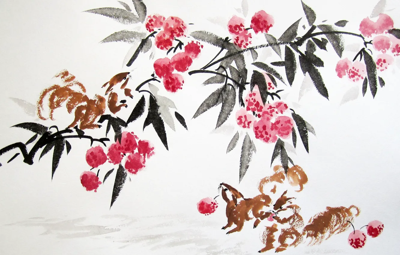 Photo wallpaper trees, China, fruit, watercolor, China, painting, tree, painting