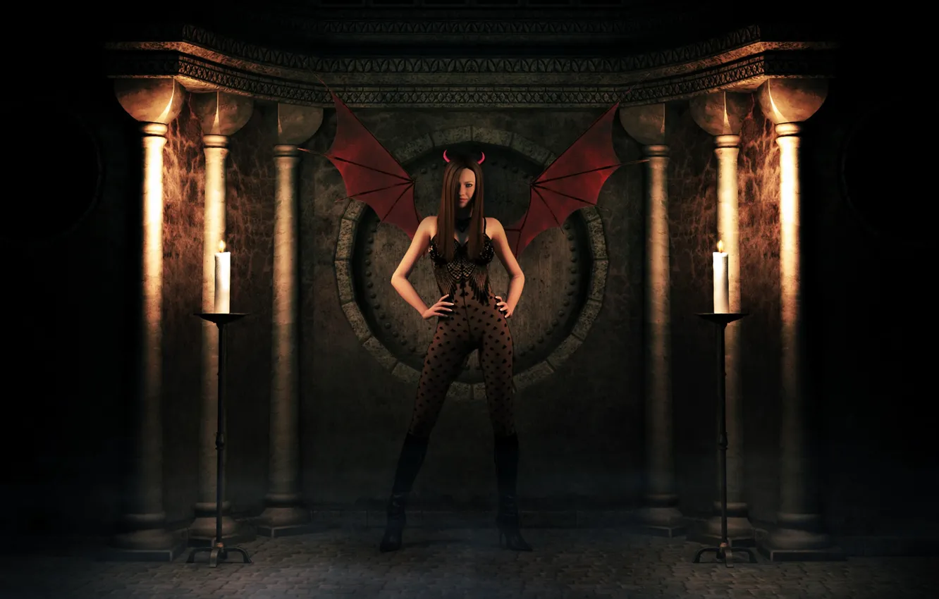 Photo wallpaper Girl, wings, candles, the demon, costume, shadows, horns