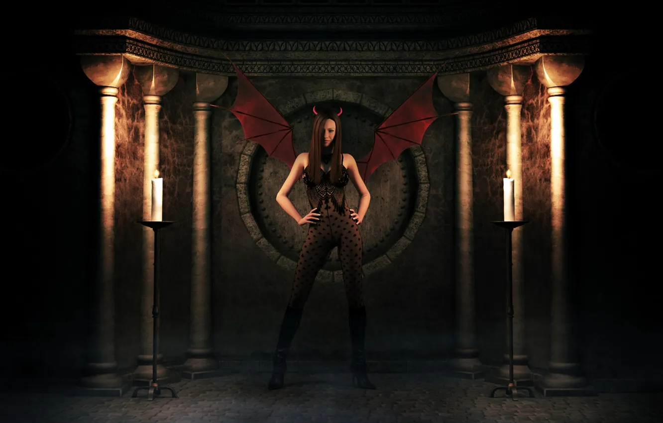 Photo wallpaper girl, wings, shadow, candles, the demon, costume, horn
