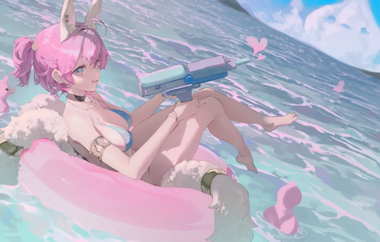 Photo wallpaper sea, the sky, girl, circles, Fox, duck, water gun