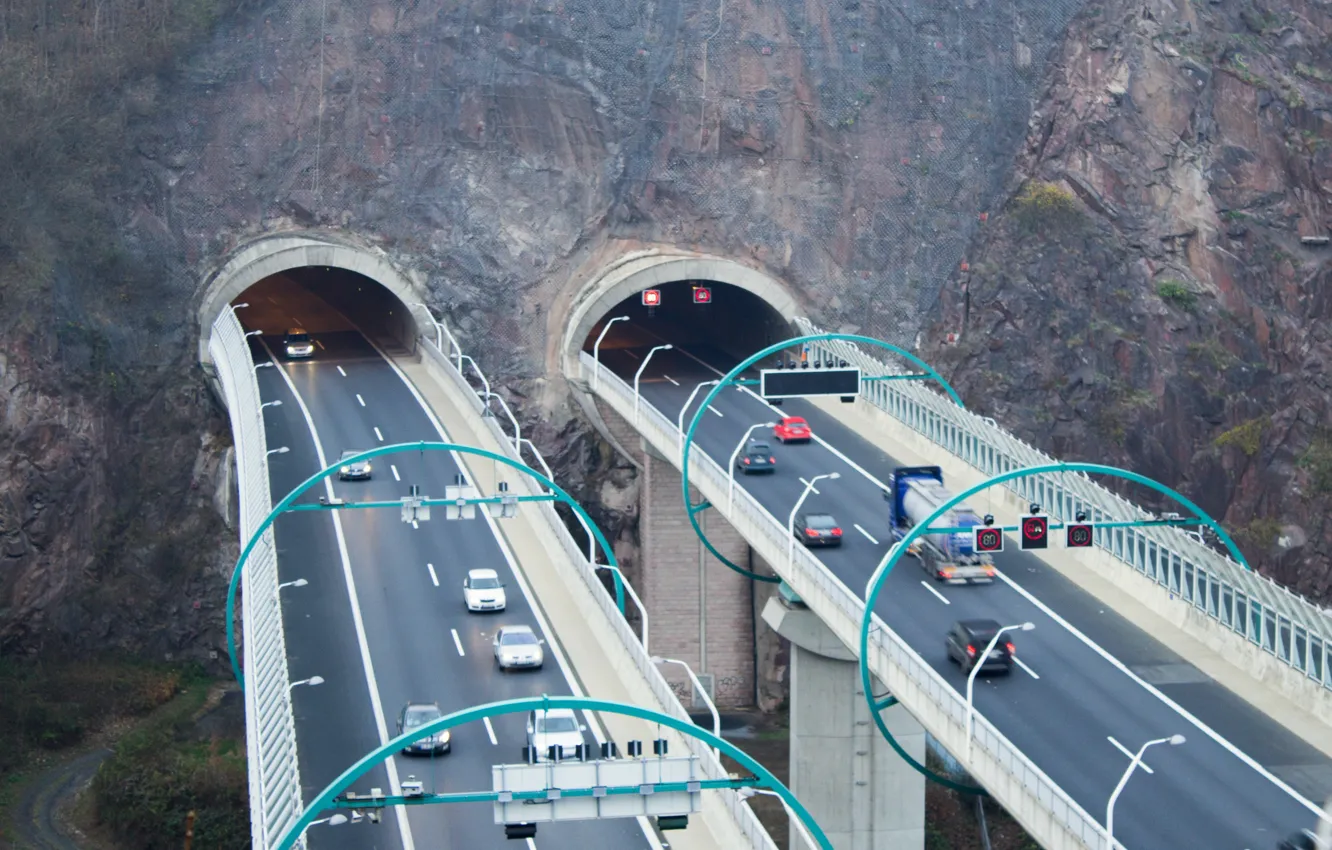 Photo wallpaper German, cars, Germany, Dresden, mountain, tunnel, Highway
