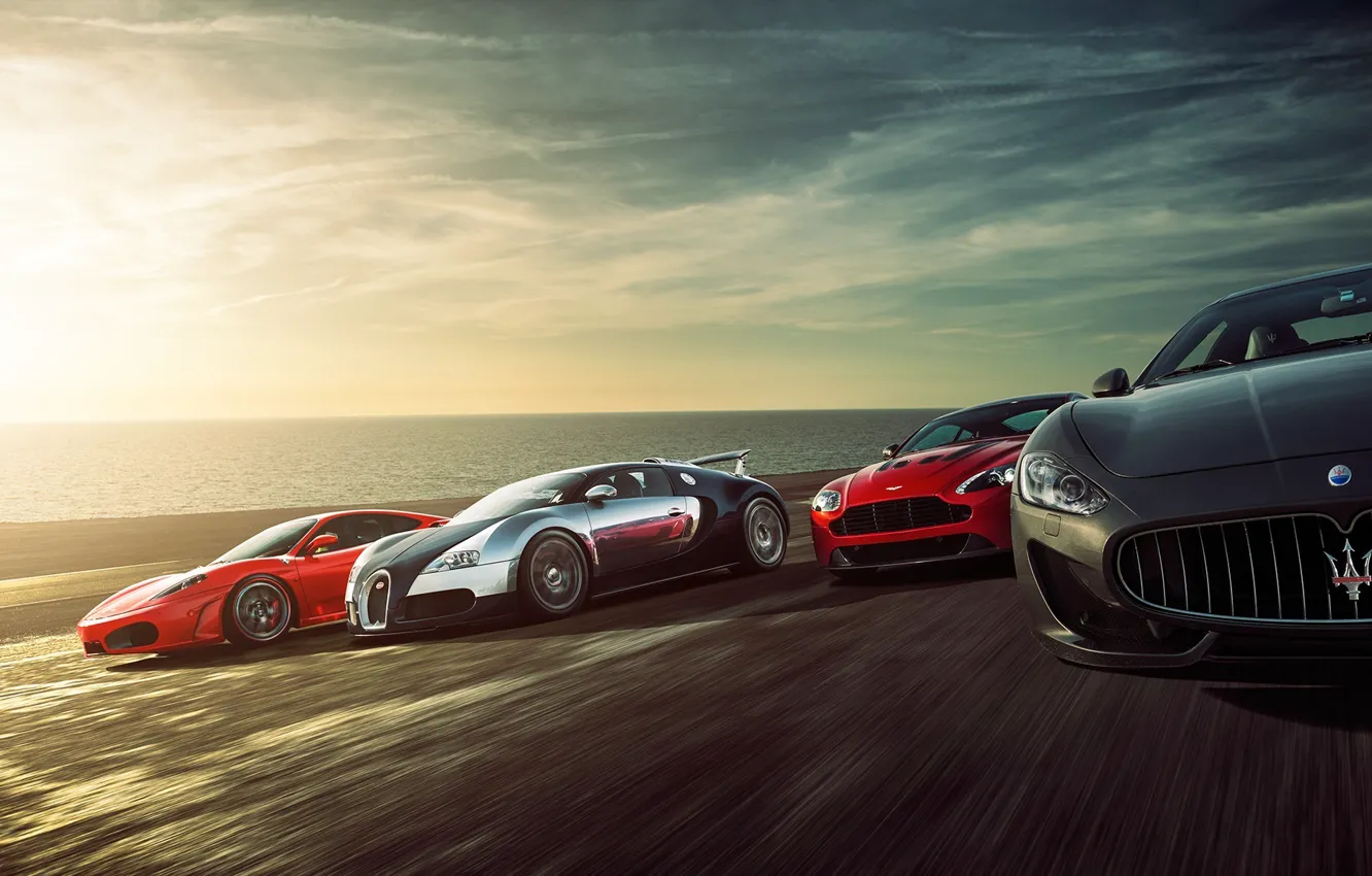 Photo wallpaper Ferrari F430, Bugatti Veyron, Speed, Sunset, Supercars, Sea, Aston Martin Vantage, Maserati Grant Turismo