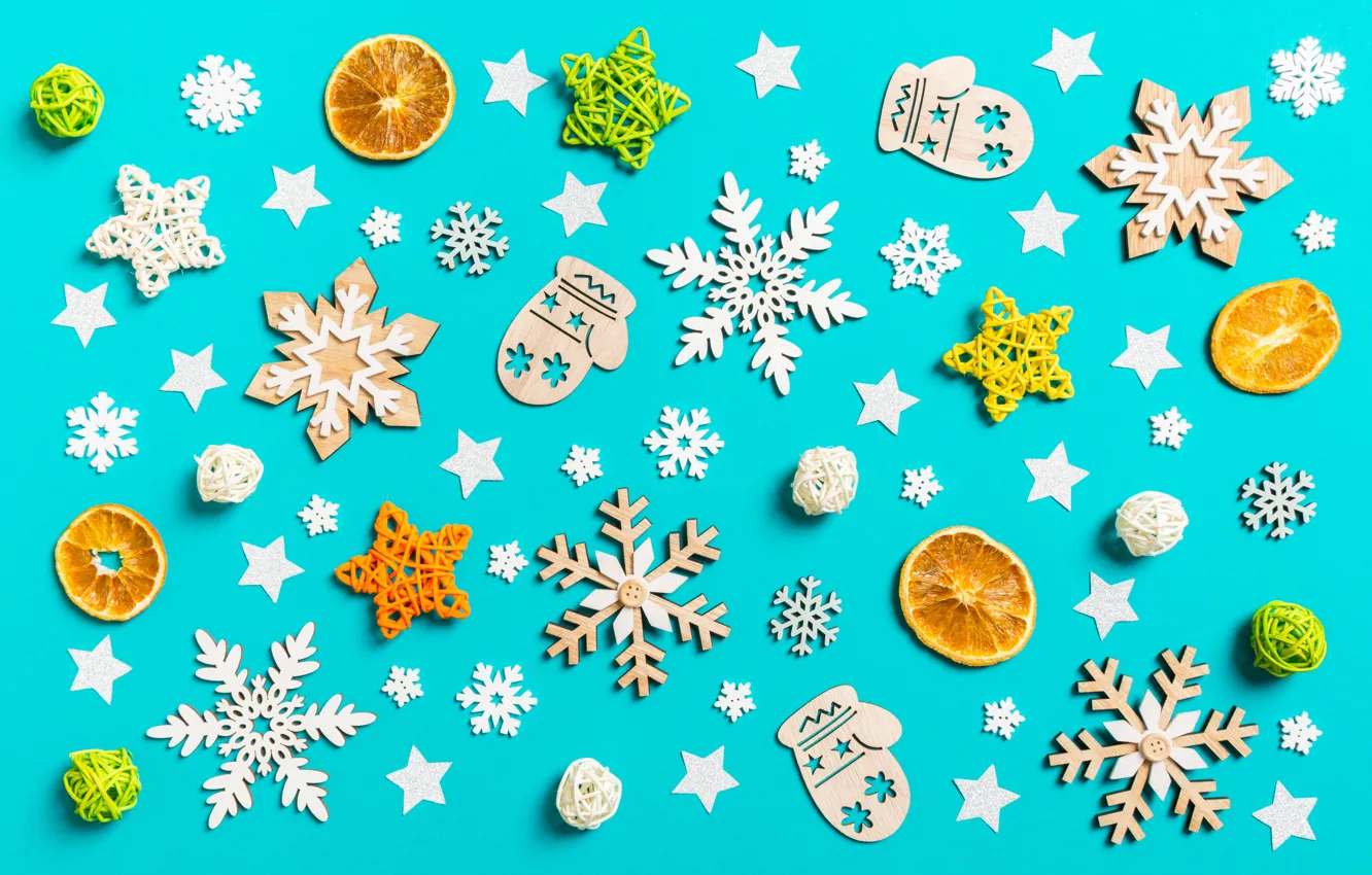 Photo wallpaper snowflakes, background, toy, new year, ornament, figures