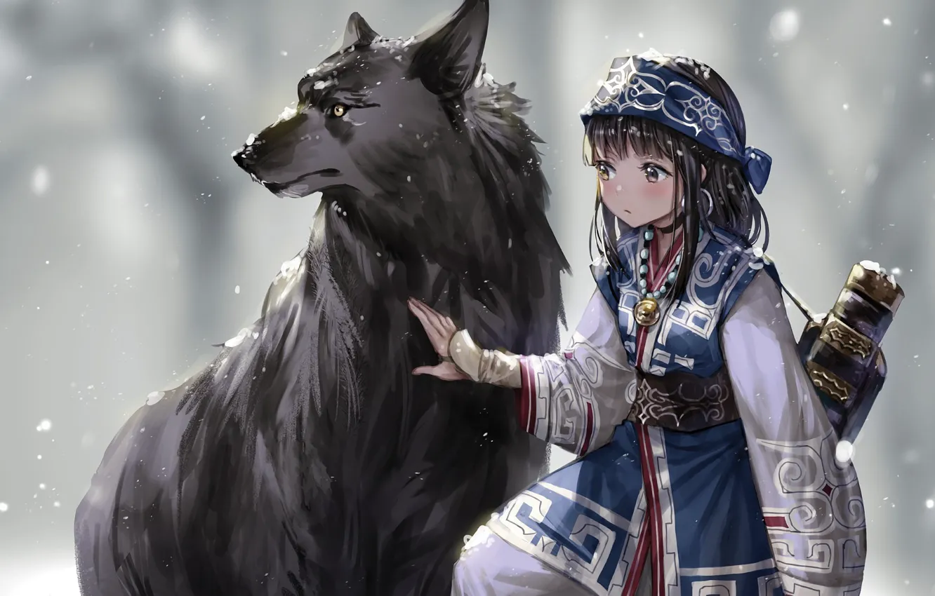 Photo wallpaper Girl, fantasy, dress, anime, art, winter, snow, wolf