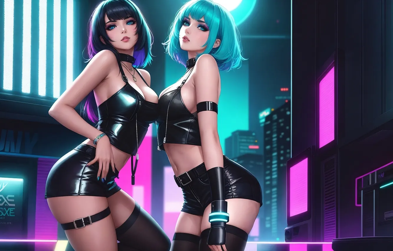 Photo wallpaper girls, Neon, leather, lighting