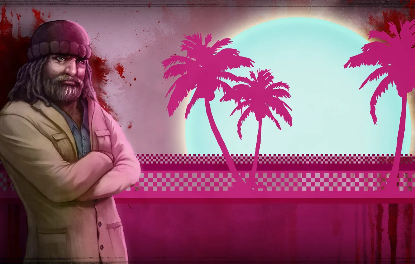 Photo wallpaper palm trees, blood, hat, beard, Hotline Miami