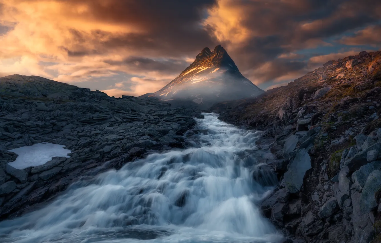Photo wallpaper mountains, river, tops, Norway, Norway, The Scandinavian mountains, Jotunheimen, Jotunheimen
