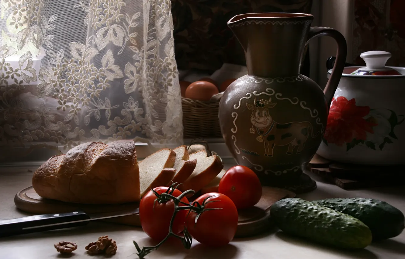 Photo wallpaper bread, pitcher, still life, tomatoes, cucumbers