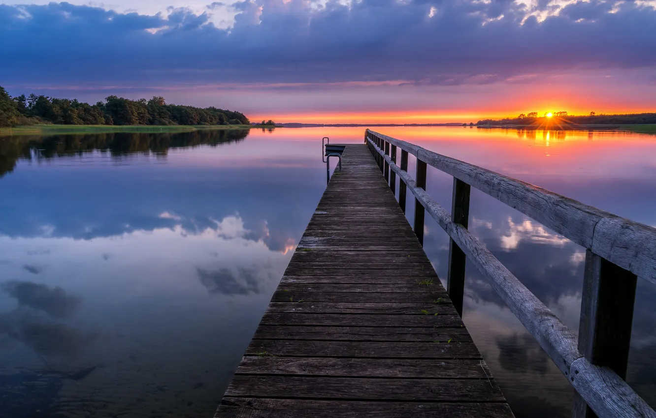 Photo wallpaper forest, the sky, the sun, clouds, landscape, sunset, nature, lake