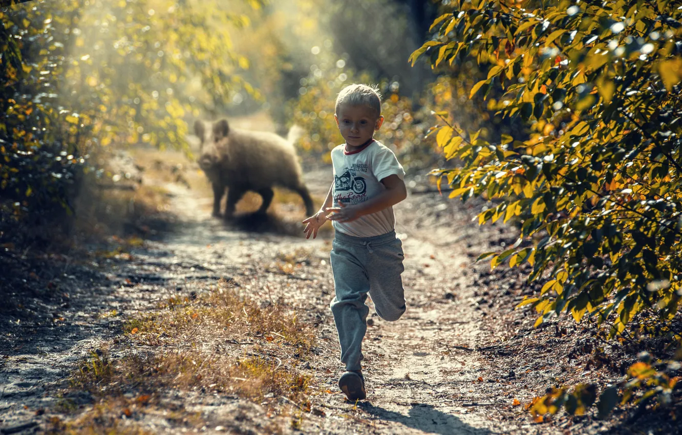 Photo wallpaper boy, running, boar