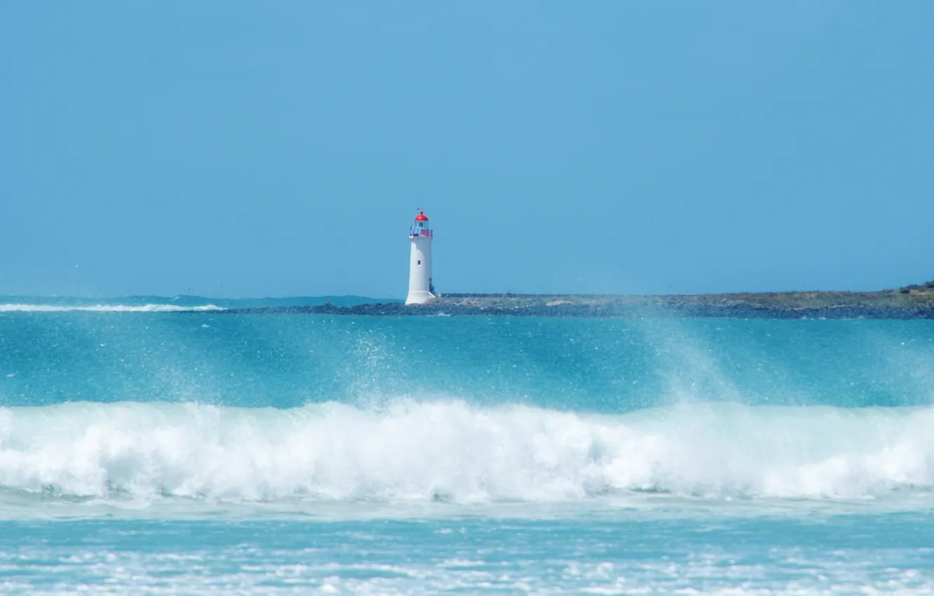 Photo wallpaper sea, wave, beach, the sky, squirt, blue, lighthouse