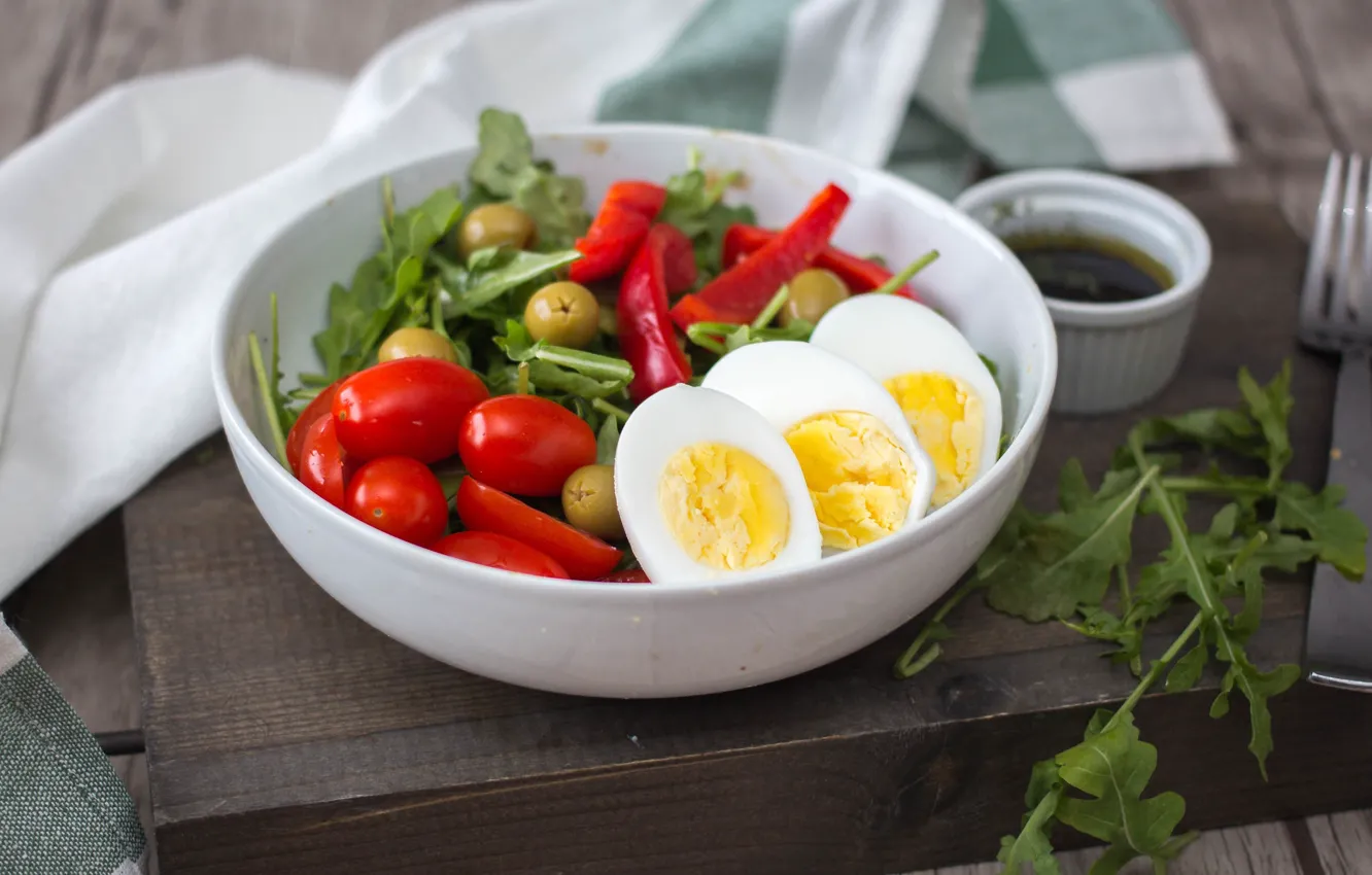 Photo wallpaper egg, tomatoes, olives, salad, bell pepper