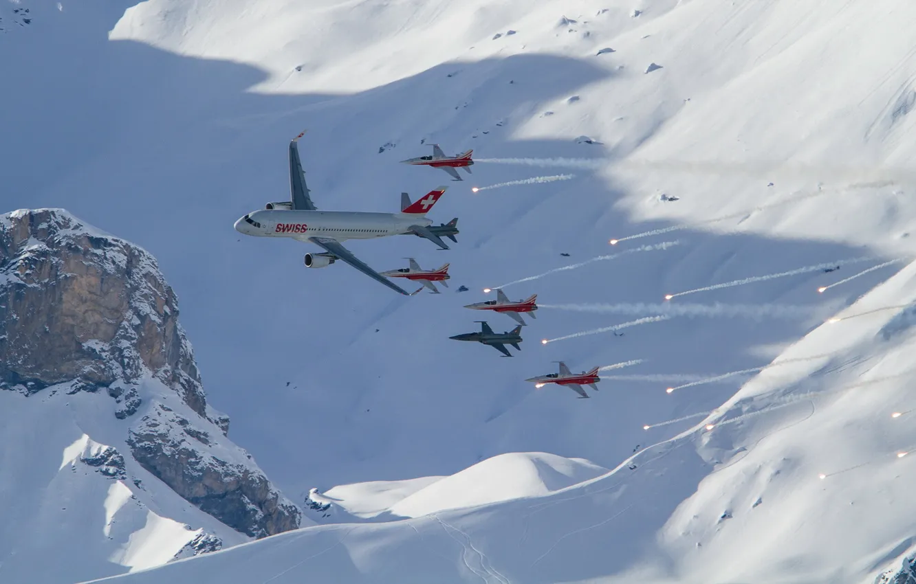 Photo wallpaper snow, mountains, aircraft