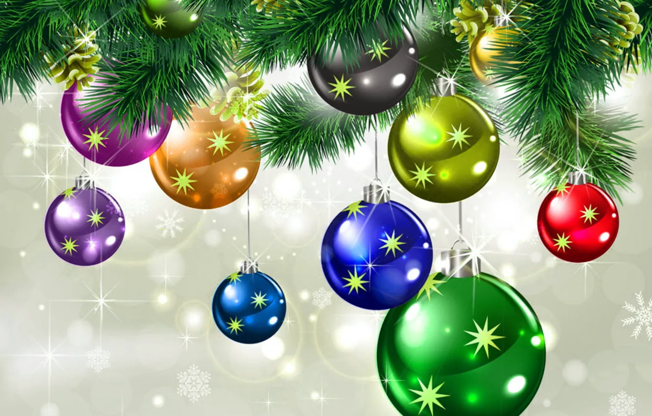 Photo wallpaper winter, stars, decoration, snowflakes, holiday, balls, new year, Christmas