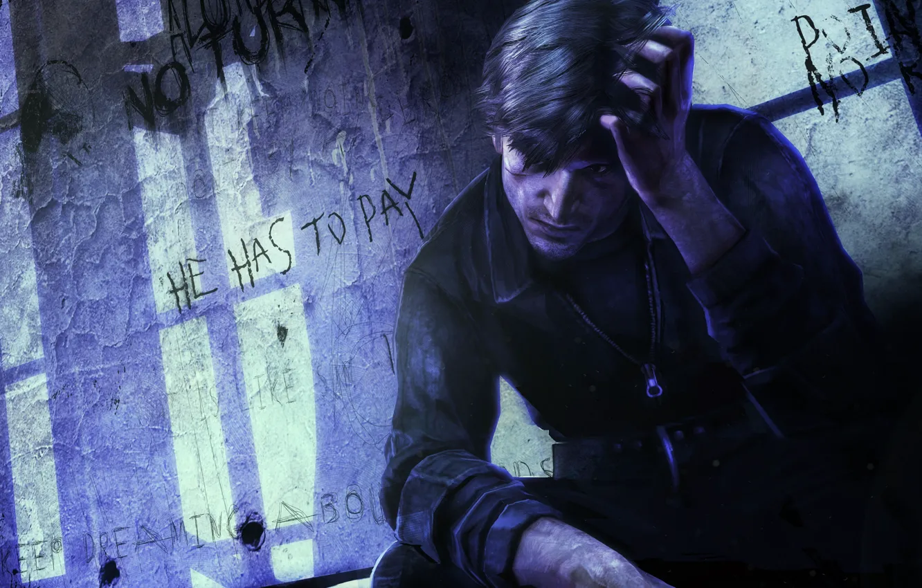 Photo wallpaper the inscription, shadow, grille, art, hero, prison, main, Silent Hill downpour