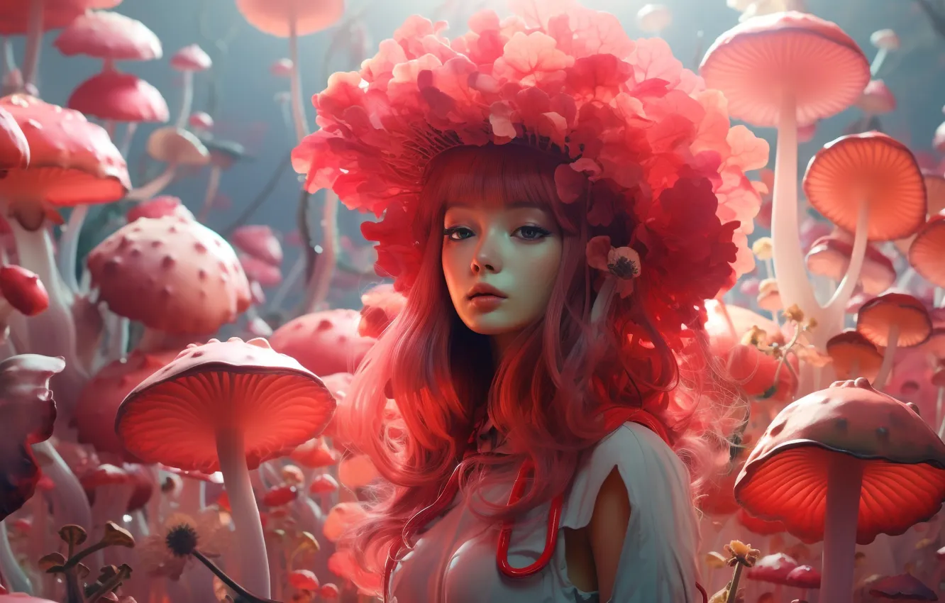 Photo wallpaper look, girl, fantasy, mushrooms, portrait, hat, curls, composition